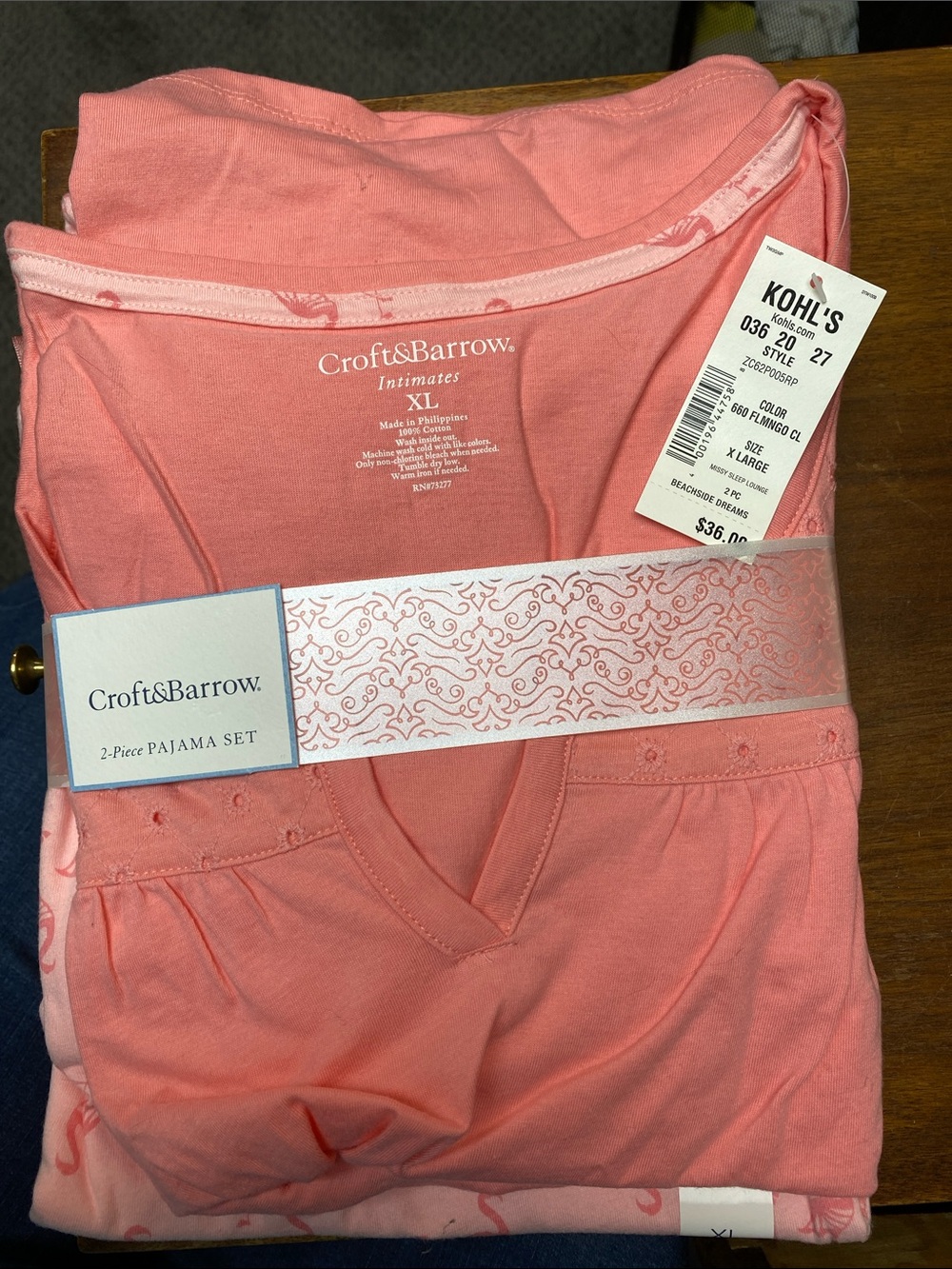 Croft & Barrow Coral Pink 2-Piece Pajama Set XL NWT